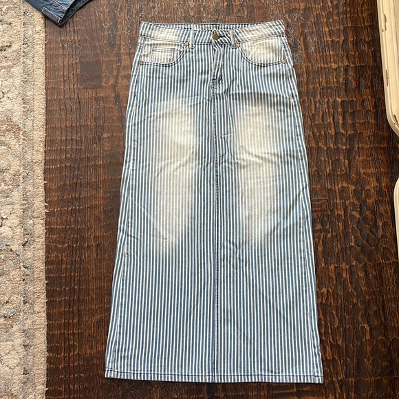 Sweet Modesty long denim railroad striped skirt - Picture 1 of 4